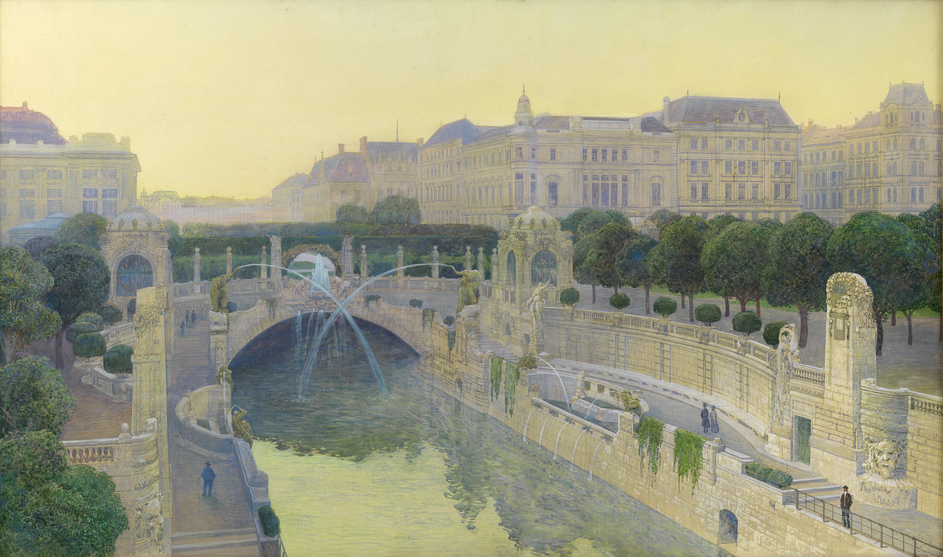 Farbzeichnung: Ein Flussabschnitt in dessen Wasser sich das Ufer und der Himmel spiegeln. Wasserfontänen aus Elefantenrüsseln und anderem Getier fallen ins Wasser. Im Hintergrund der grüne Stadtpark und Gründerzeithäuser.