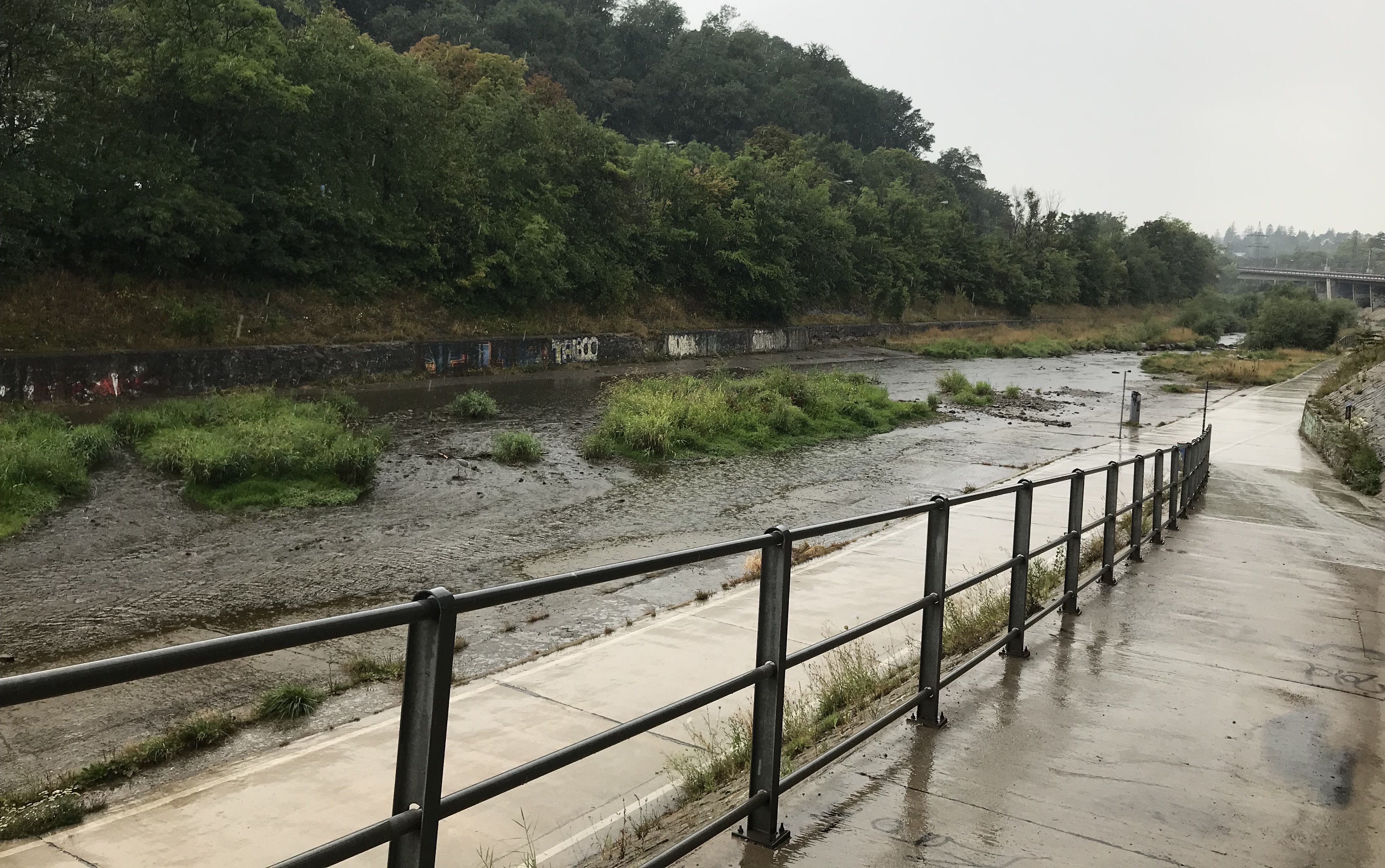 Eine Radwegrampe führt in ein von grünen Inseln durchzogenes Flussbett.