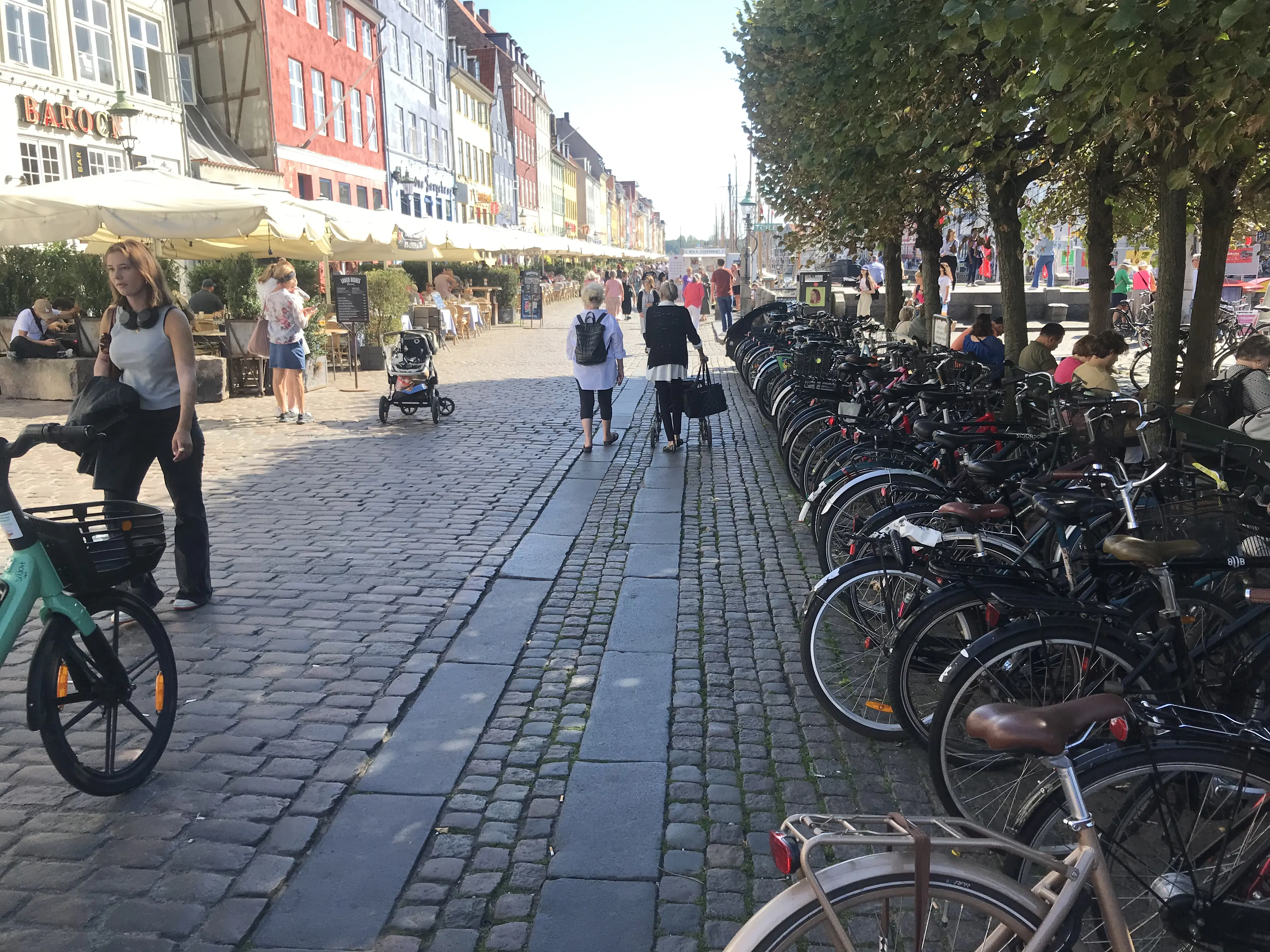 Farbfoto: Frau mit Rollator, der aber eher neben der Spur rollt.