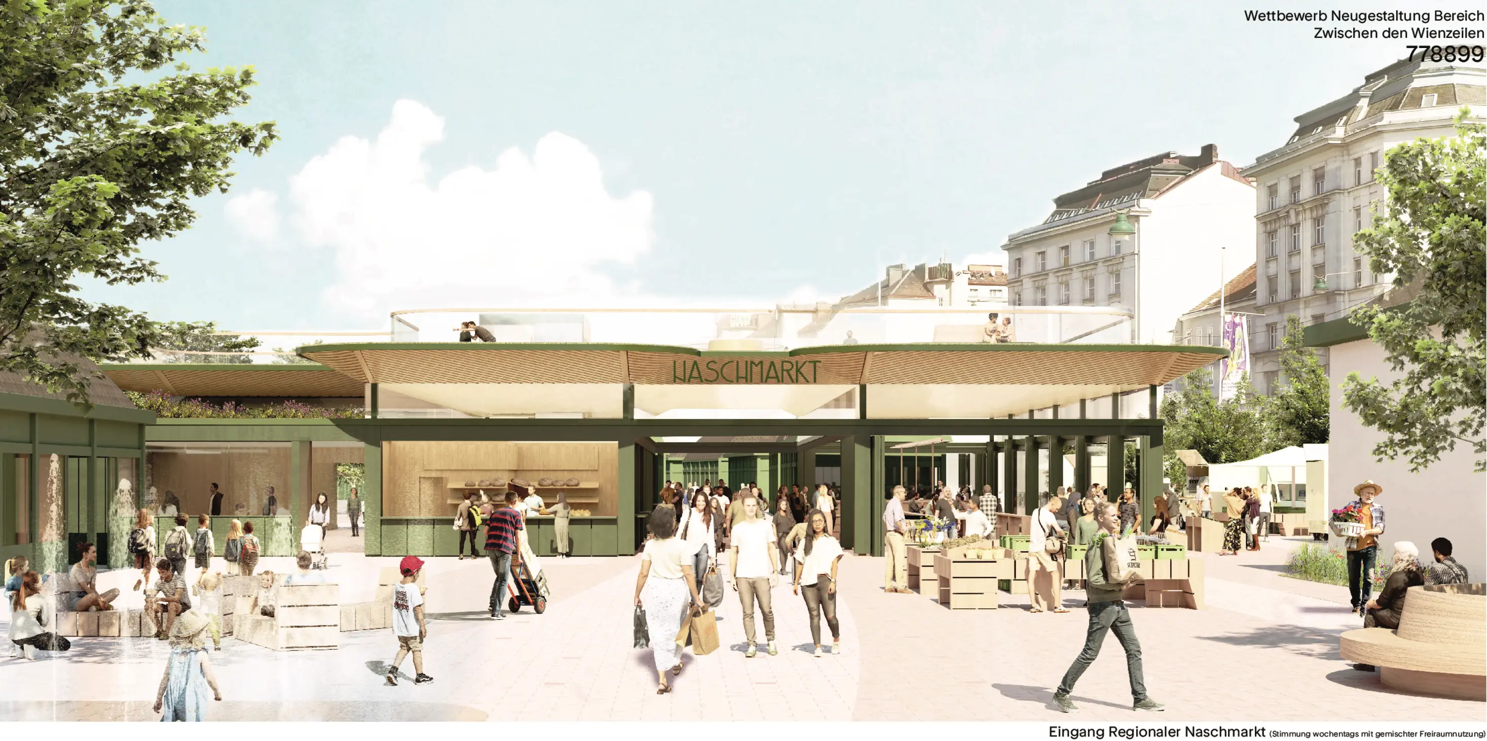 Rendering: Eingeschoßige Hallenkonstruktion, am Dach, vor der Halle Menschen in Alltagskleidung. Am Vorplatz auch Kisten mit Gemüse o.ä.