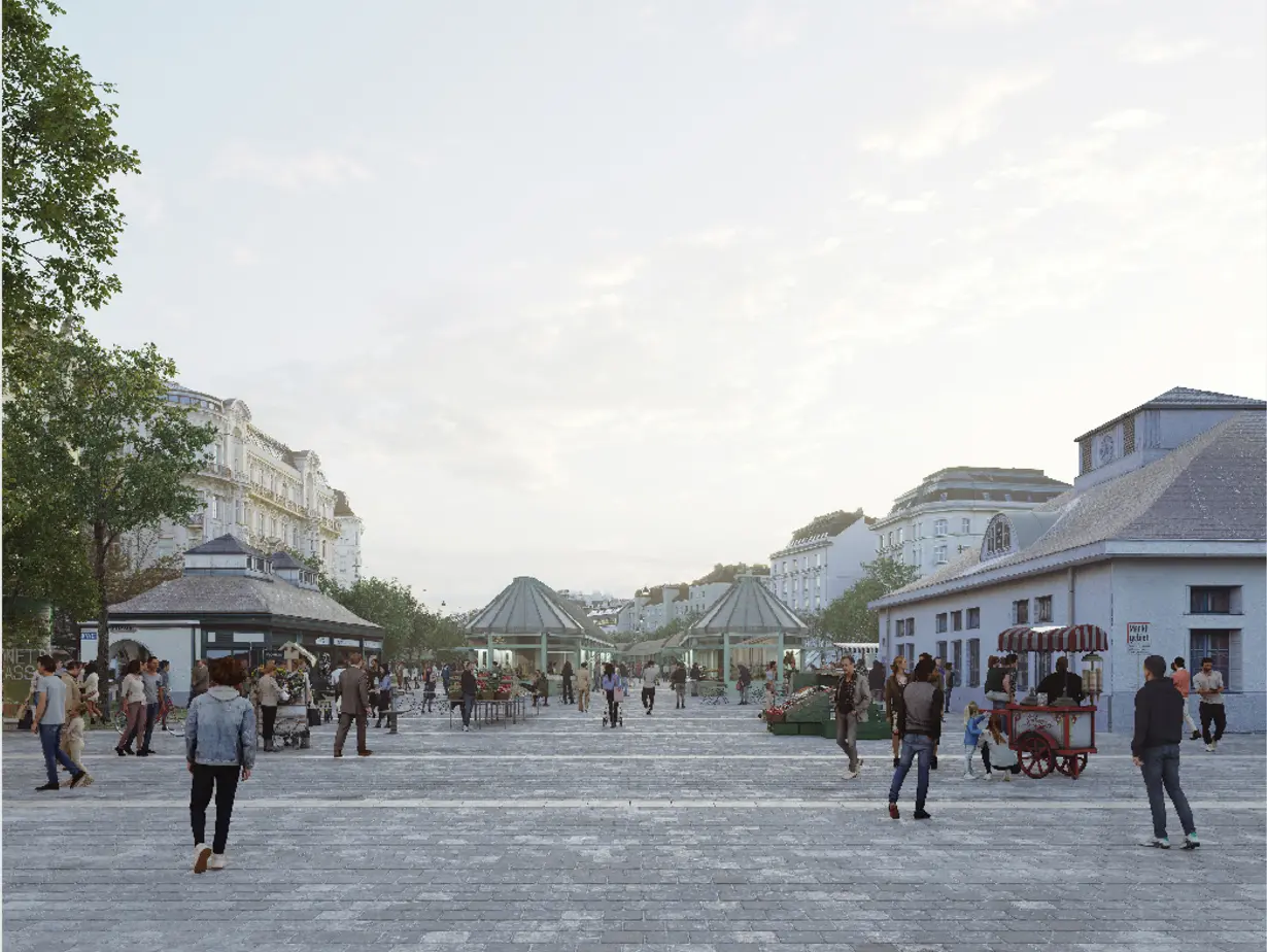 Rendering: Blick in eine breite Häuserzeile, in der Mitte eingeschoßige Gebäude mit Giebeldächern. Menschen und kleine Verkaufsstände im Vordergrund