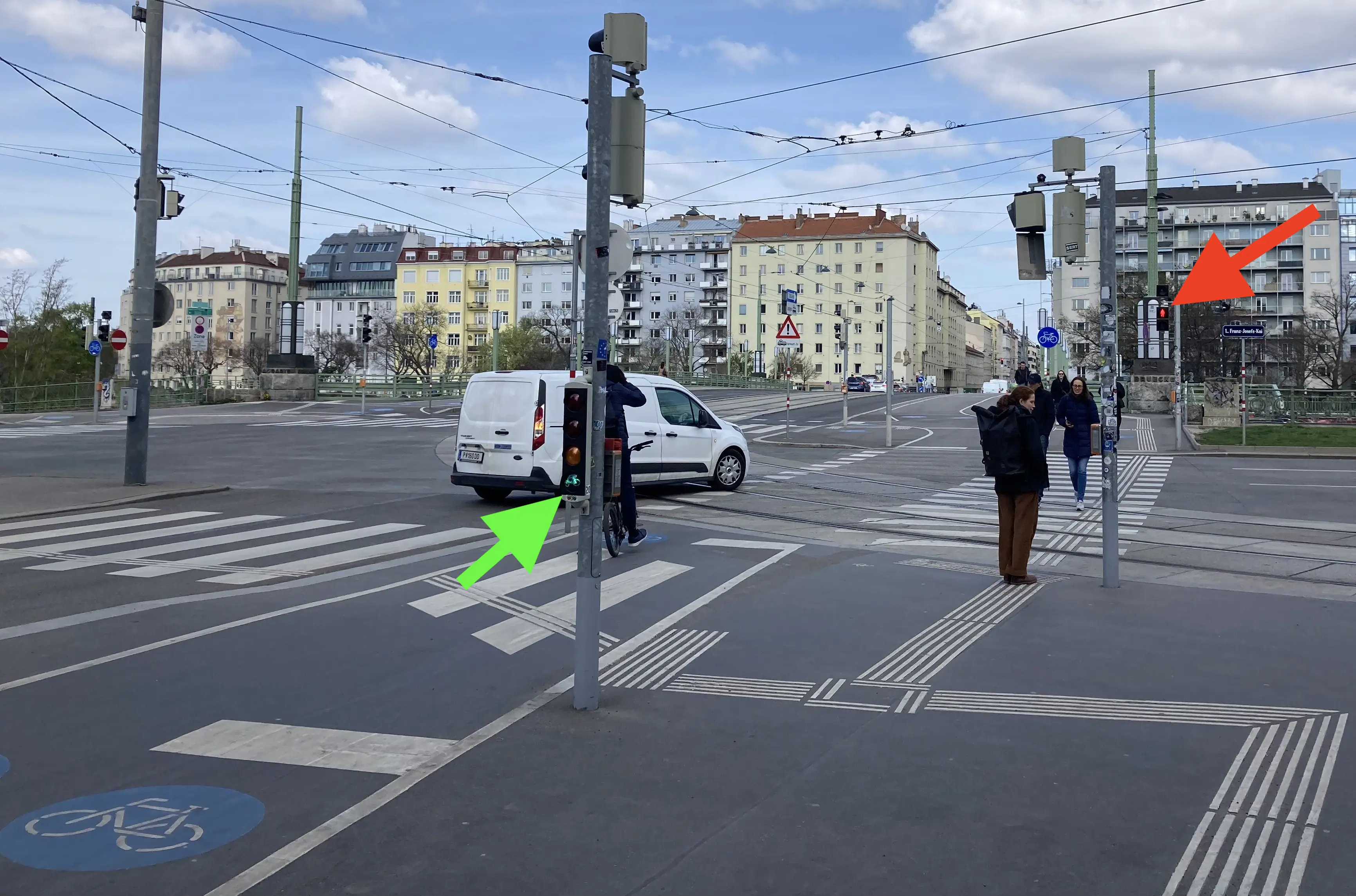 Farbfoto: weißer Kastenwagen biegt rechts ab, Radfahrende bremst scharf