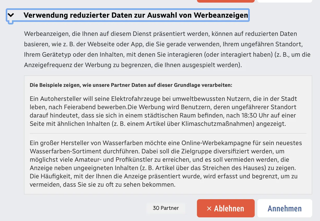 Screenshot des ORF-Cookie-Dialogs mit Beispielen über Elektroauto- und Wasserfarben-Werbung