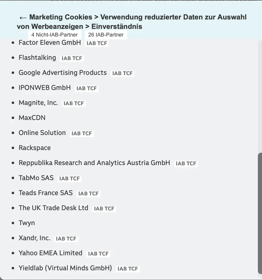 Liste von Werbepartnern im ORF-Cookie-Dialog, darunter Google, Magnite, The Trade Desk, Xandr und Yahoo