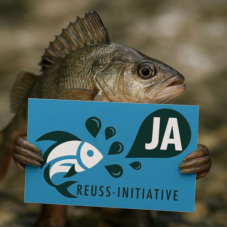 Ein Barsch hält mit menschenähnlichen Händen ein blaues Schild mit dem Logo der Reuss-Initiative und einer Sprechblase »JA«